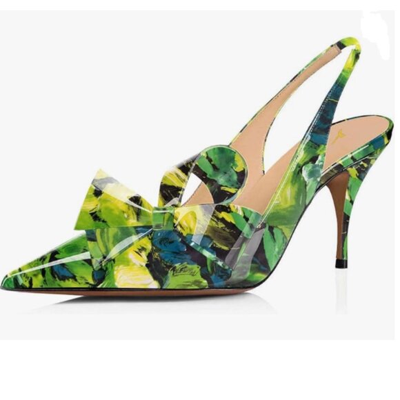 YDN Green Painting High Heel Pumps Bow Pointed Toe Slingback Slip on Sandal - Picture 1 of 8